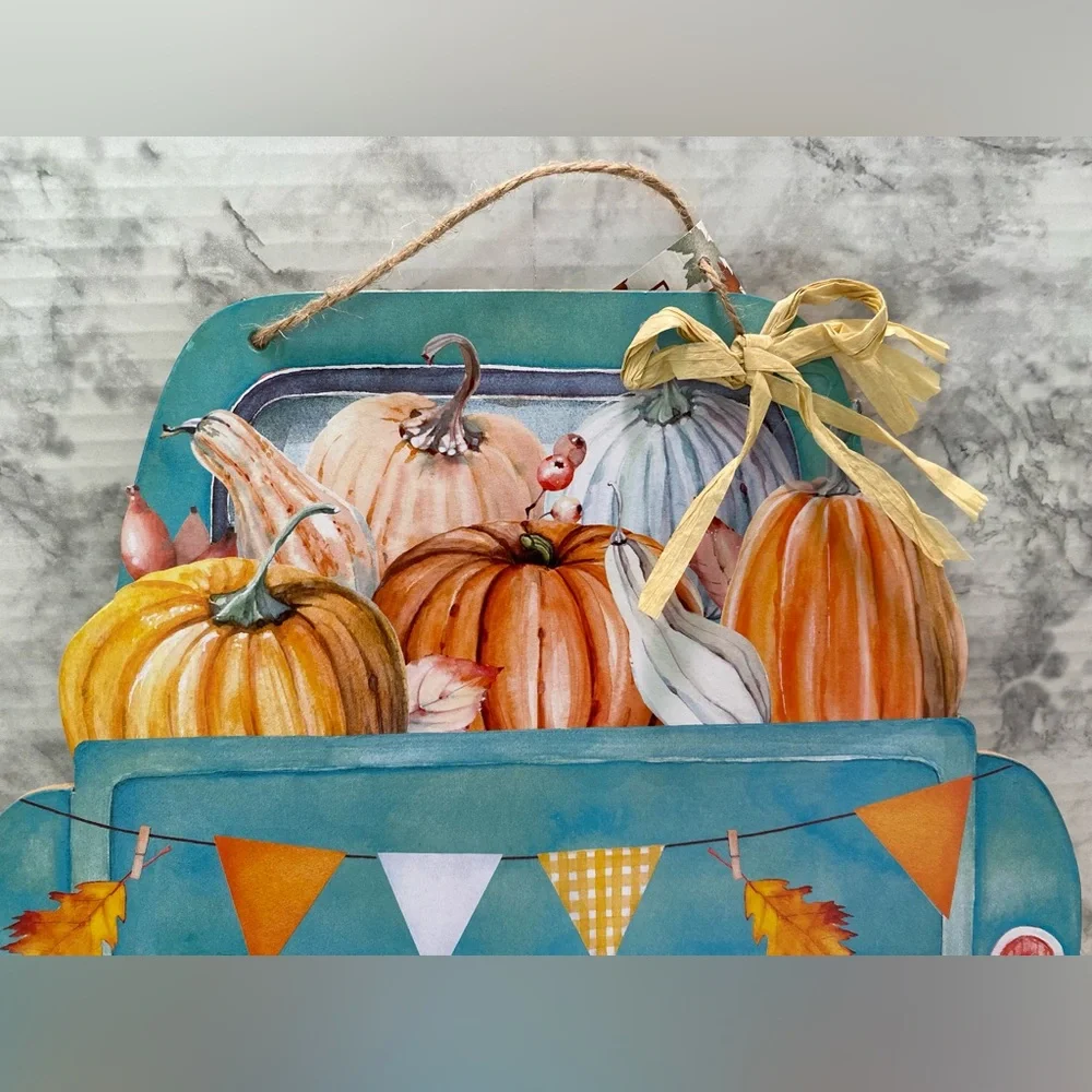 NWT Welcome Autumn Classic Blue Truck with Pumpkins Wall Door Sign